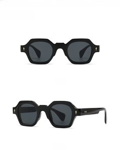 Front and side view of retro geometric sunglasses with gold diamond rivets on frames