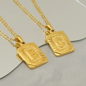 Initial Letter Necklace Rectangular Pendant Stainless Steel 18K Gold Plated Sunburst Texture Fashion Jewelry Women