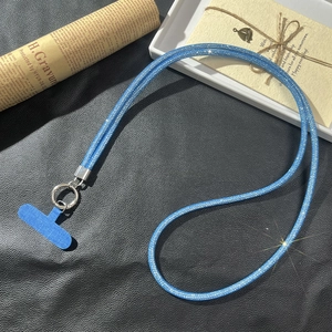 Chaîne de téléphone bandoulière pailletée bleue avec fermoirs métalliques argentés et patch