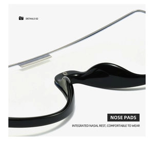 Close-up of integrated black nasal rest and sleek metal temple for pilot sunglasses