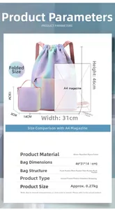 Waterproof drawstring backpack size guide showing unfolded dimensions and foldable design