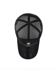 Top view of breathable black mesh baseball cap showing the sport logo and textured mesh