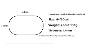 Detail specifications of 44x30cm faux leather placemat with 1.8mm thickness and embossed logo