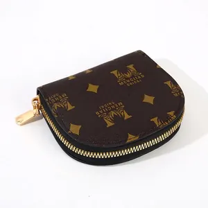 Porte-monnaie demi-rond en cuir PU marron foncé avec motif doré et fermeture éclair