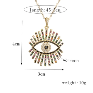 Detailed view of evil eye pendant with zircon dimensions and chain length specs