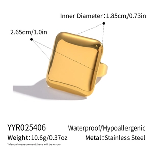 Detailed view of square gold-plated stainless steel ring with dimensions and materials