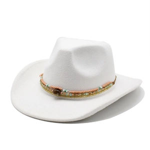 White felt cowboy hat with colorful beaded band and ethnic stone accent on white background