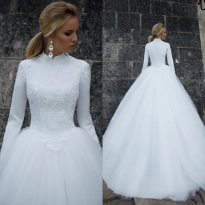 Elegant Wedding Dress White High Neck Long Sleeves Lace Embroidery Multi Layer Organza Ball Gown Bridal Formal Gown
