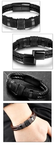 Detail view of woven leather bracelet for men featuring a textured magnetic clasp closure