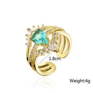 Detail view of 18K gold plated copper ring with emerald zircon and 1.8cm diameter label