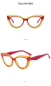 Detailed front and side views of two-tone cat eye TR90 glasses in red and yellow