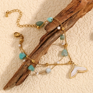 Double Layer Anklet Stainless Steel 18K Gold Plated Natural Stone Artificial Pearl Fishtail Pendant Bohemian Sea Style Women