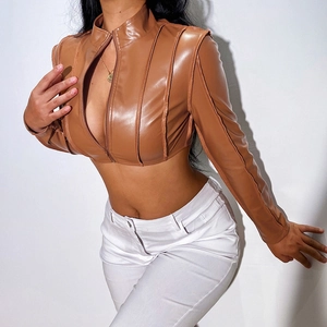 Detail of brown PU leather jacket featuring vertical stitching and a high collar stand