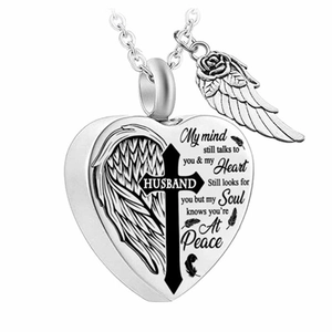 Silver heart urn necklace for ashes with black cross and angel wing pendant for husband