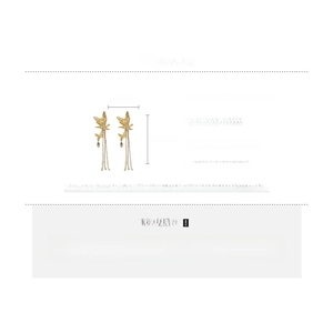 Detailed dimensions of gold butterfly tassel earrings with rhinestones and silver needles
