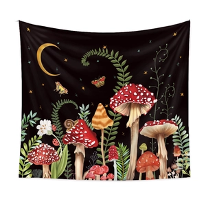 Black mushroom forest tapestry with colorful plants and golden moon for room wall decor