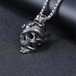 Gothic stainless steel necklace with snake wrapped around a skull on silver chain