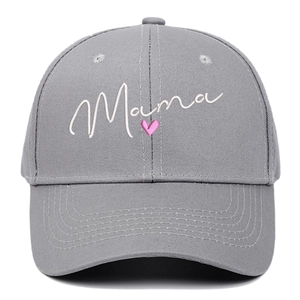 Grey cotton baseball cap with white Mama embroidery and pink heart decoration on front