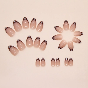 Brown French almond press on nails with delicate white flower patterns, 24 piece set