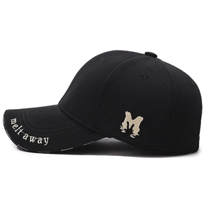 Fashionable black baseball cap with M embroidery and melt away text on curved brim