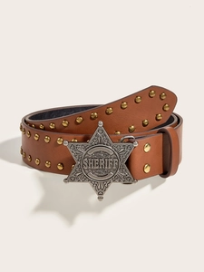 Brown leather belt featuring gold studs and a silver sheriff star buckle detail