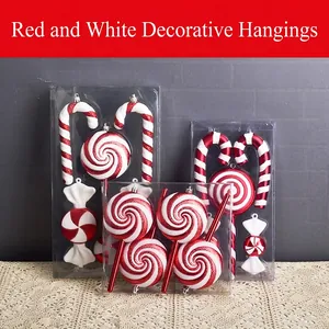 Christmas Candy Ornaments Red White Striped Plastic Lollipop Candy Cane Pendants With Glitter For Xmas Tree Decor