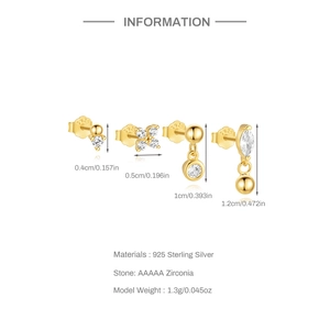 Detail view of 925 sterling silver gold earring set with dimensions and S925 hallmark