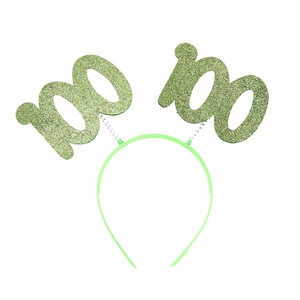 Sparkly neon green 100 number headband for children with glitter finish and spring design