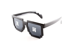 Macro detail of pixel sunglasses featuring white Chinese character print on lenses