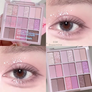 Close-up of 18-color dopamine eyeshadow palette with matte and shimmer textures
