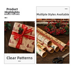 Macro view of Christmas gift wrapping paper with reindeer patterns on kraft paper
