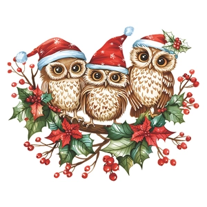 Christmas wall decal with cute owls wearing Santa hats on branches with red berries