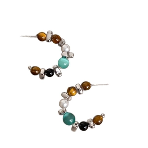 Retro C-shaped hoop earrings with tiger eye stones and opal beads on silver needles