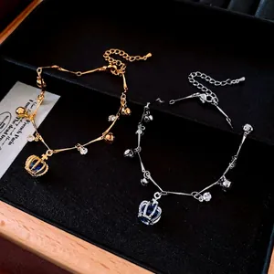 Bracelets de cheville couronne en or et argent avec pendentifs saphir bleu chic