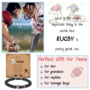 Detail of rugby beads bracelet with tiger eye stone and motivational gift card