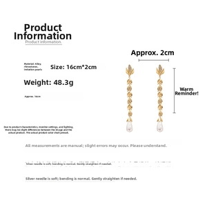 Detailed size chart for long golden leaf tassel earrings with pearls and rhinestones