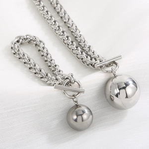 Silver dragon bone chain necklace and bracelet set with round ball pendant and T-bar clasp