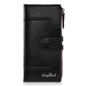 Elegant black long bifold wallet for women featuring a lychee texture and zipper closure