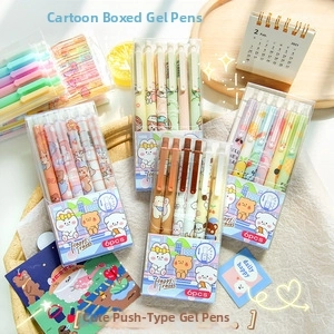 Detailed view of 6-piece cartoon retractable gel pen set with pastel animal patterns