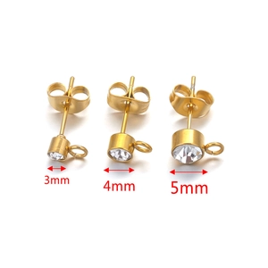 Gold-plated stainless steel rhinestone stud earring posts with loop in 3mm 4mm 5mm sizes