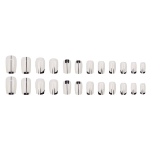 Medium-length press-on nails set with minimalist black lines and silver glitter accents