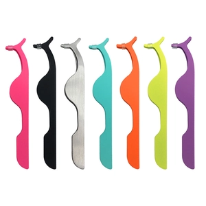 Set of seven colorful stainless steel eyelash tweezers in various vibrant finishes