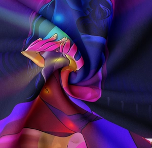 Macro view showing the smooth texture and vibrant artistic print of the hanging tapestry