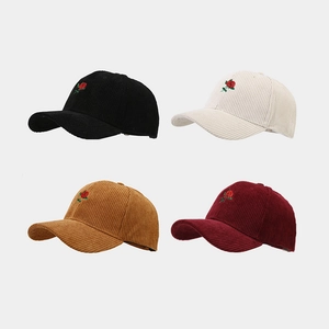 Corduroy Baseball Cap With Rose Embroidery Adjustable Curved Brim Sun Protection Fashion Casual Hat For Women