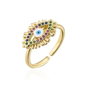 Gold open ring with colorful zircon evil eye design and enamel detailing on white background