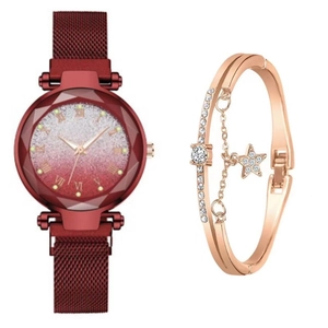 Detail of red glitter dial watch and rose gold star charm bracelet set for women