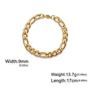 Detail view of 9mm gold-plated Figaro chain showing width weight and length specs