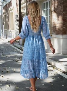 Detail of blue floral dress featuring a square back design with elastic shirred bodice detail