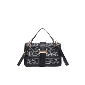 Elegant leopard print square handbag with golden buckle and adjustable black shoulder strap