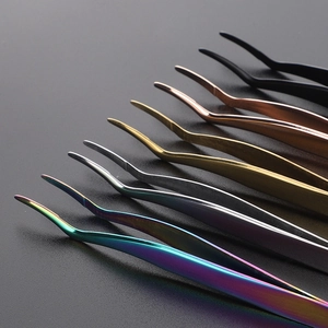 Set of stainless steel eyelash tweezers in rainbow, silver, gold, and black colors